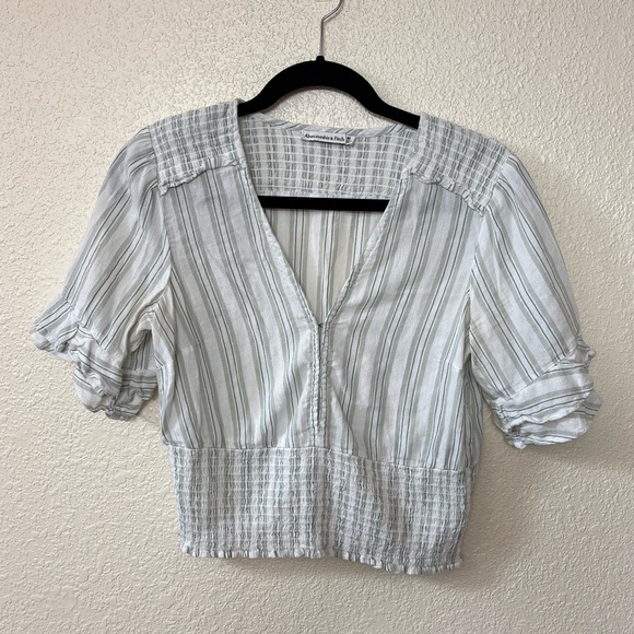 Abercrombie & Fitch Tops - Abercrombie & Fitch White and Green Striped Smocked Cropped Blouse Medium